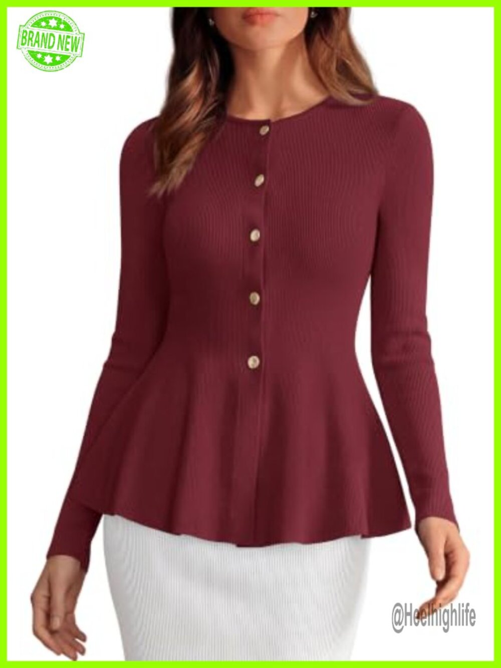 Lightweight Ribbed Knit Button Up Cardigan Sweater Peplum